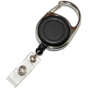A retractable card holder with a black circular top and a metal carabiner clip, featuring a clear strap.
