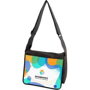 A black messenger bag with a colourful abstract design and a shoulder strap, featuring a logo on the front.