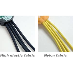 A close-up of two types of cables: black high elastic fabric and yellow nylon fabric, both featuring textured finishes.