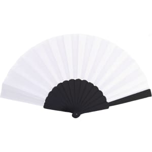 A black and white fabric hand-held fan with a scalloped edge and a simple design. It has a logo on the handle.