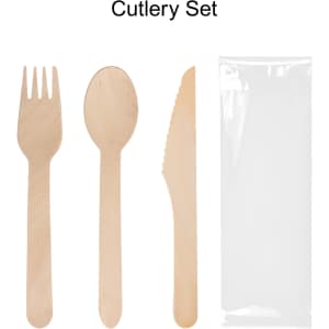 A pack of disposable wooden cutlery including forks, spoons, and knives in natural wood colour, packaged with a clear sleeve.