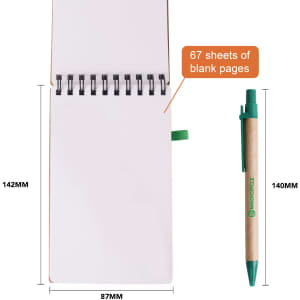 A spiral notebook with 67 blank pages and a green ballpoint pen, featuring a logo.