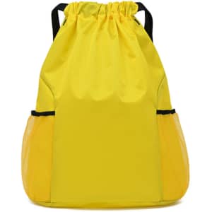 A yellow fitness drawstring backpack with mesh side pockets and a cinched top, featuring a logo.