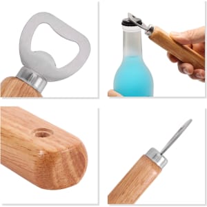 A drink bottle opener featuring a stainless steel head and a wooden handle, showcasing natural wood grain.