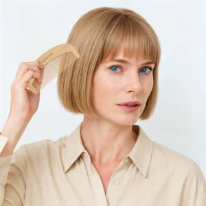 A bamboo small comb held by a person with blonde hair, styled in a bob, wearing a beige shirt.