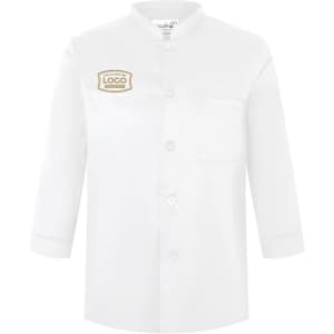 A white, 3/4 sleeve, single-breasted chef jacket with a pocket and a logo on the chest.