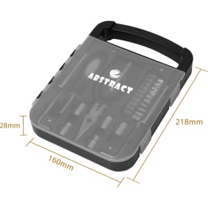 A 22 in 1 hand tool set in a black and transparent case with a handle, featuring various tools and attachments.