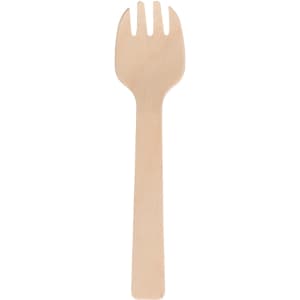 A small disposable birch fork in natural wood colour, featuring three prongs and a long handle.