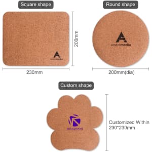 A custom-shaped cork mouse mat in square, round, and flower shapes, showcasing a natural cork colour and a logo.