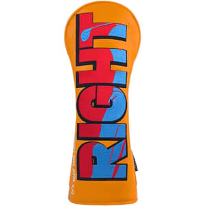 A custom golf head cover in vibrant orange with bold blue and red lettering. Features a logo on the side.
