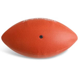 An orange American football with a textured surface and a black valve, featuring a logo.