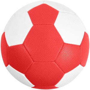 A red and white machine-stitched PU handball featuring a hexagonal panel design and a textured surface.