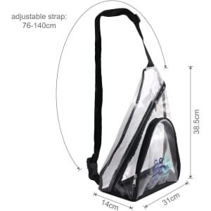 A clear PVC sling bag with an adjustable black strap and a logo, featuring a triangular design.