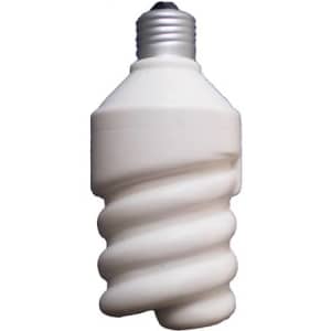 A white stress reliever shaped like a spiral electrical lamp, featuring a metallic bulb connector at the top.