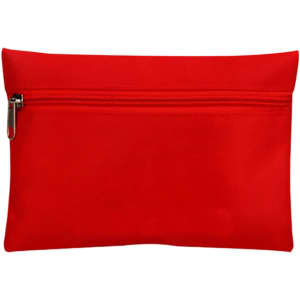A red pouch with a zip closure, featuring a textured surface and a logo. Ideal for storing first aid items.