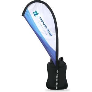 A teardrop backpack flag with a black body and a white and blue flag attached, featuring a logo.