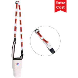 A drink bottle holder pouch in white with a colourful strap and adjustable buckle, featuring a logo.