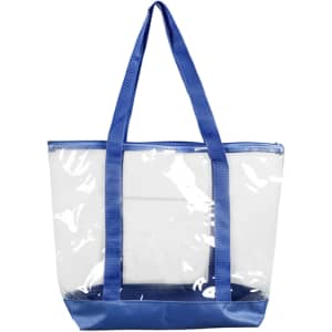 A large clear tote bag with blue straps and a blue base, featuring a zippered top for secure closure.