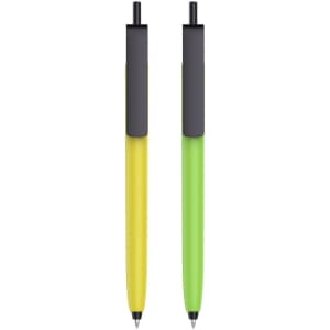 A promotional push button pen with a yellow barrel and black cap, and another with a green barrel and black cap.