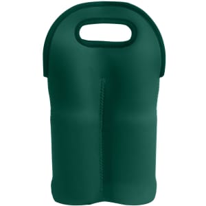 A green neoprene double beer bottle carrier with a handle for easy carrying and a sleek design.