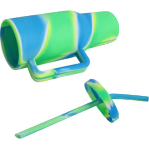 A drink bottle in vibrant green and blue silicone, featuring a handle and a straw. The design is eye-catching and modern.