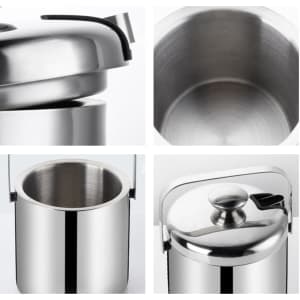 A stainless steel ice bucket with a lid and tongs, featuring a sleek, polished finish and a functional design.