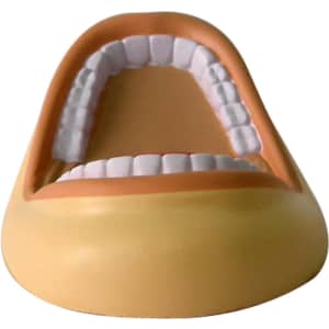 A mouth-shaped stress reliever in beige and white, featuring detailed teeth and an open design. Includes branding.