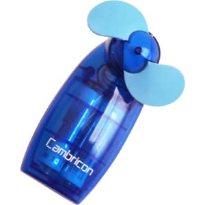 A transparent blue handheld fan with light blue blades and a logo on the casing.