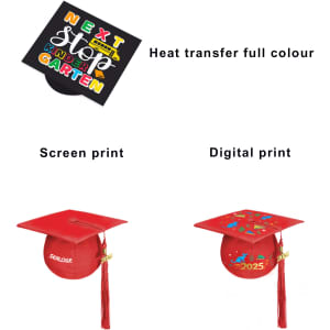 A red mortarboard graduation cap with decorative elements and a tassel, featuring print designs and a logo.
