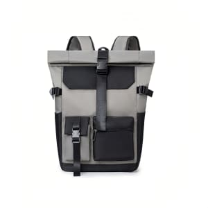 A roll-top backpack in grey and black, featuring multiple pockets and adjustable straps, with a logo on the front.