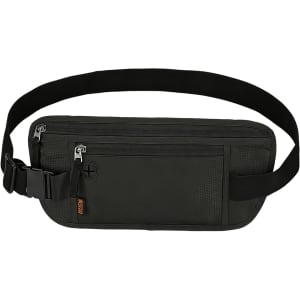 A black fanny pack features multiple zippered compartments and a breathable strap. It includes a logo on the side.