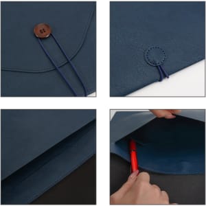 A PU leather folder in navy blue with a button closure and internal pocket, featuring a pen being held.