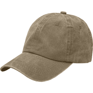 A vintage washed baseball cap in a tan colour, featuring a slightly worn texture and a logo on the side.