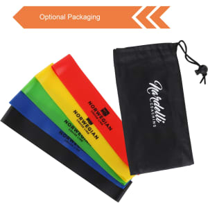 A set of five latex-free TPE fitness resistance bands in red, yellow, green, blue, and black, with a carrying pouch.