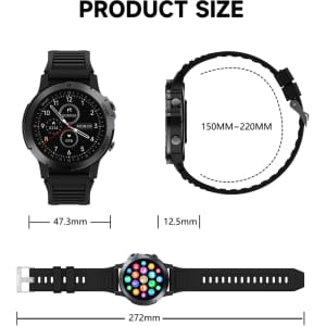 A round black smart watch with a colourful display, featuring measurements of 47.3mm width and 12.5mm thickness.