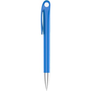 A blue plastic pen with a silver tip and a clip, featuring a logo on the barrel.