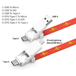 A red 6-in-1 lanyard charging cable featuring USB A, USB Micro, USB Type-C, and Lightning connectors, with branding.