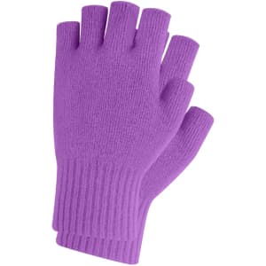 Purple knitted fingerless gloves with a ribbed cuff and a woven label.