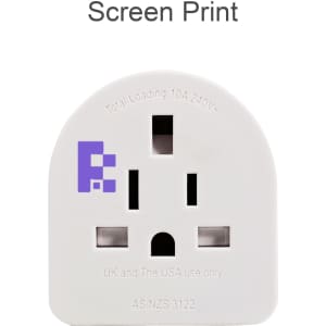 A white travel adapter with three-pronged outlets and a branding logo on the front.