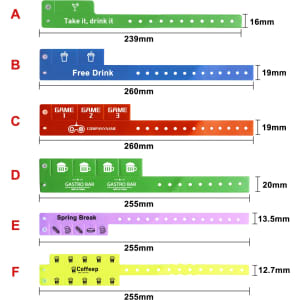 A set of colourful tabbed disposable PVC wristbands in various sizes, featuring different designs and a logo.