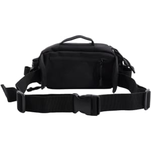 A black expandable bum bag with adjustable straps and a handle, featuring a front zip pocket and branding.