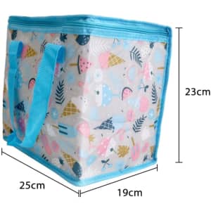 A full-colour polyester cooler bag with a blue trim and assorted colourful patterns. Dimensions: 25cm x 19cm x 23cm.