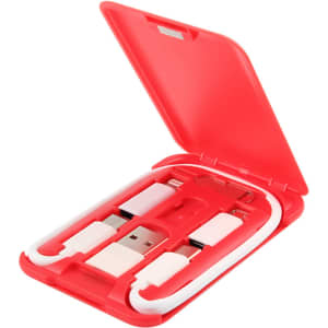 A red multifunctional cable case featuring multiple charging cables and connectors inside.