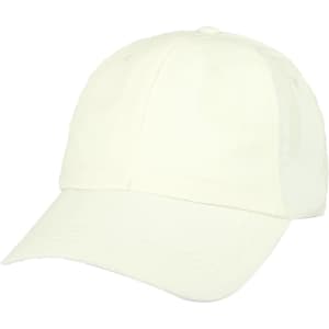 A white lightweight cap with a curved brim and a logo on the front.