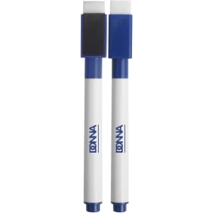 Two blue and white magnetic whiteboard markers with cap erasers at one end and a logo on the side.