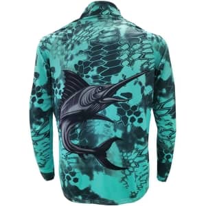 A teal and black men's polyester spandex pullover featuring a fish graphic and a logo on the back.