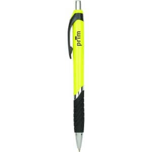A bright yellow barrel ball pen with a black grip and silver accents, featuring branding on the side.