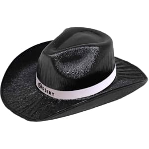 An iridescent black cowboy hat with a white band and textured surface, featuring a logo on the band.