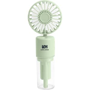 A mint green neck spray fan with a transparent container, featuring a circular fan on top and a logo.