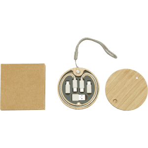 A bamboo circle cable kit featuring various connectors and a storage case, with a beige and natural wood colour scheme.